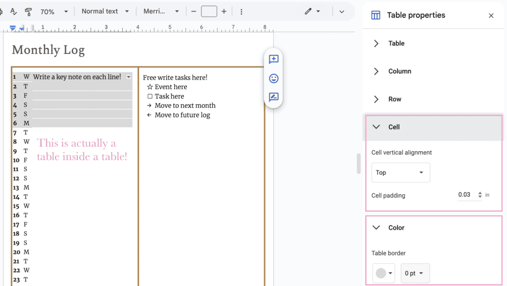 google docs table settings